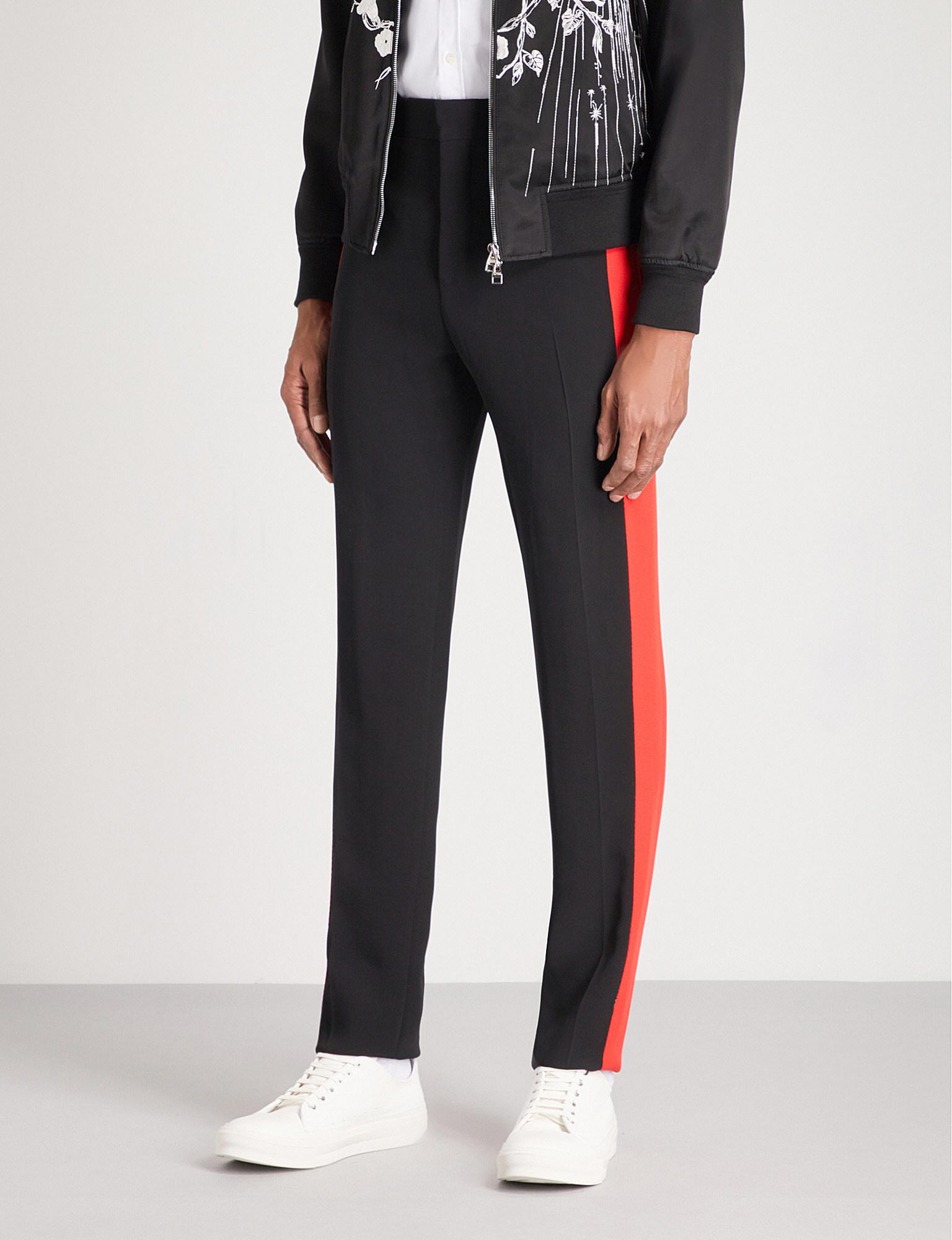 mens red and black striped trousers