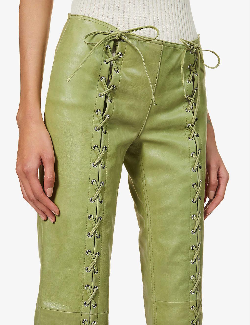 Een bezoek aan grootouders Molester beroemd Saks Potts Womens Lime Green Christina Lace-up Straight Low-rise Leather  Trousers 2 | Lyst