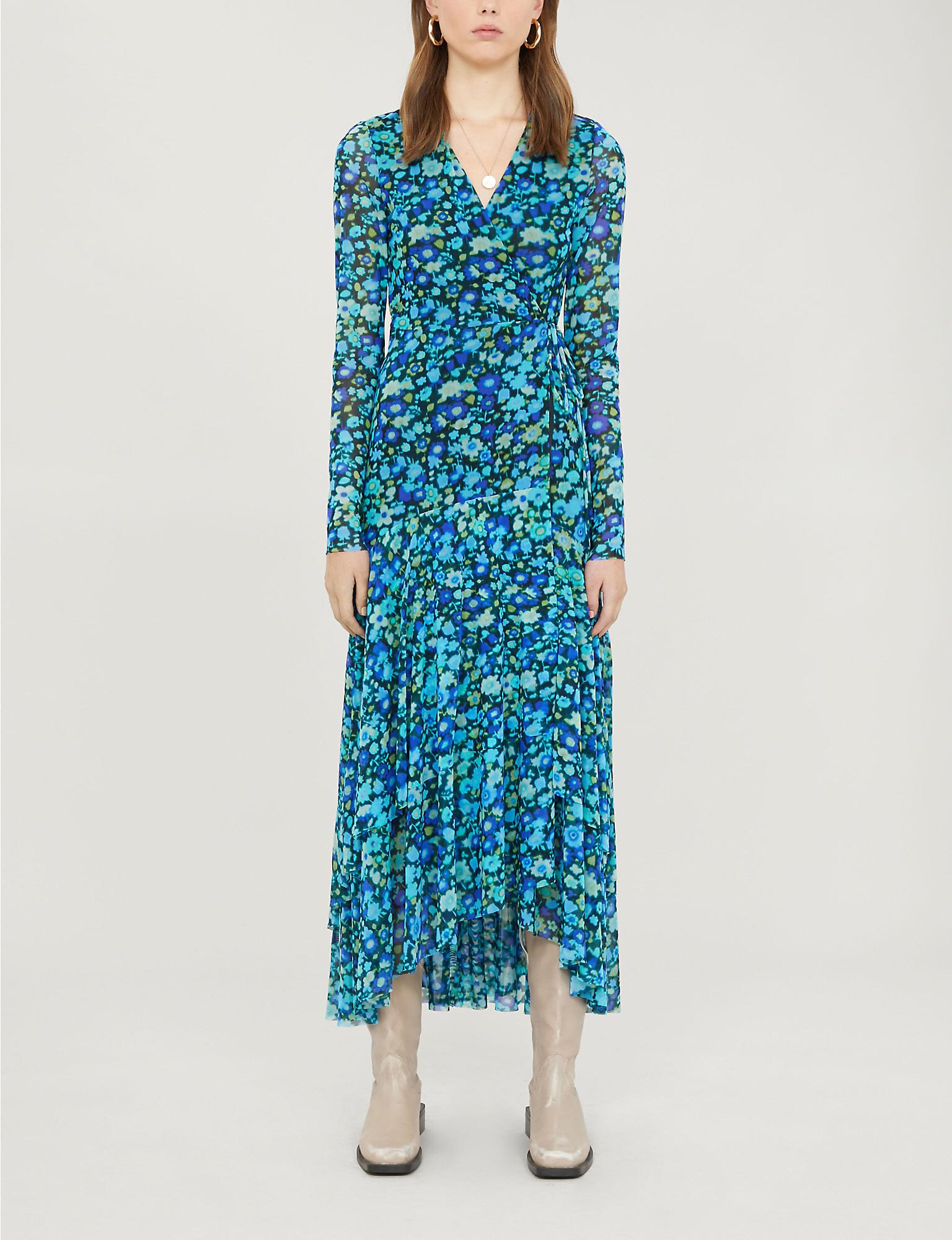 Ganni Synthetic Floral Print Wrap Dress in Azure Blue (Blue) - Lyst
