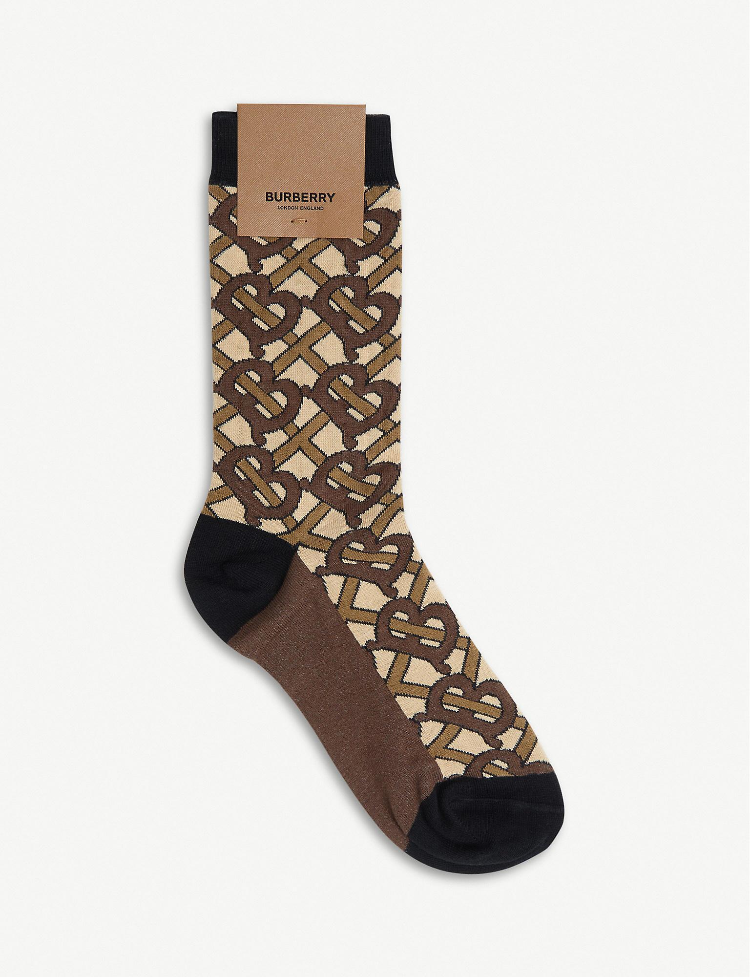 Burberry Monogram Intarsia Cotton Blend Socks in Bridle Brown (Brown