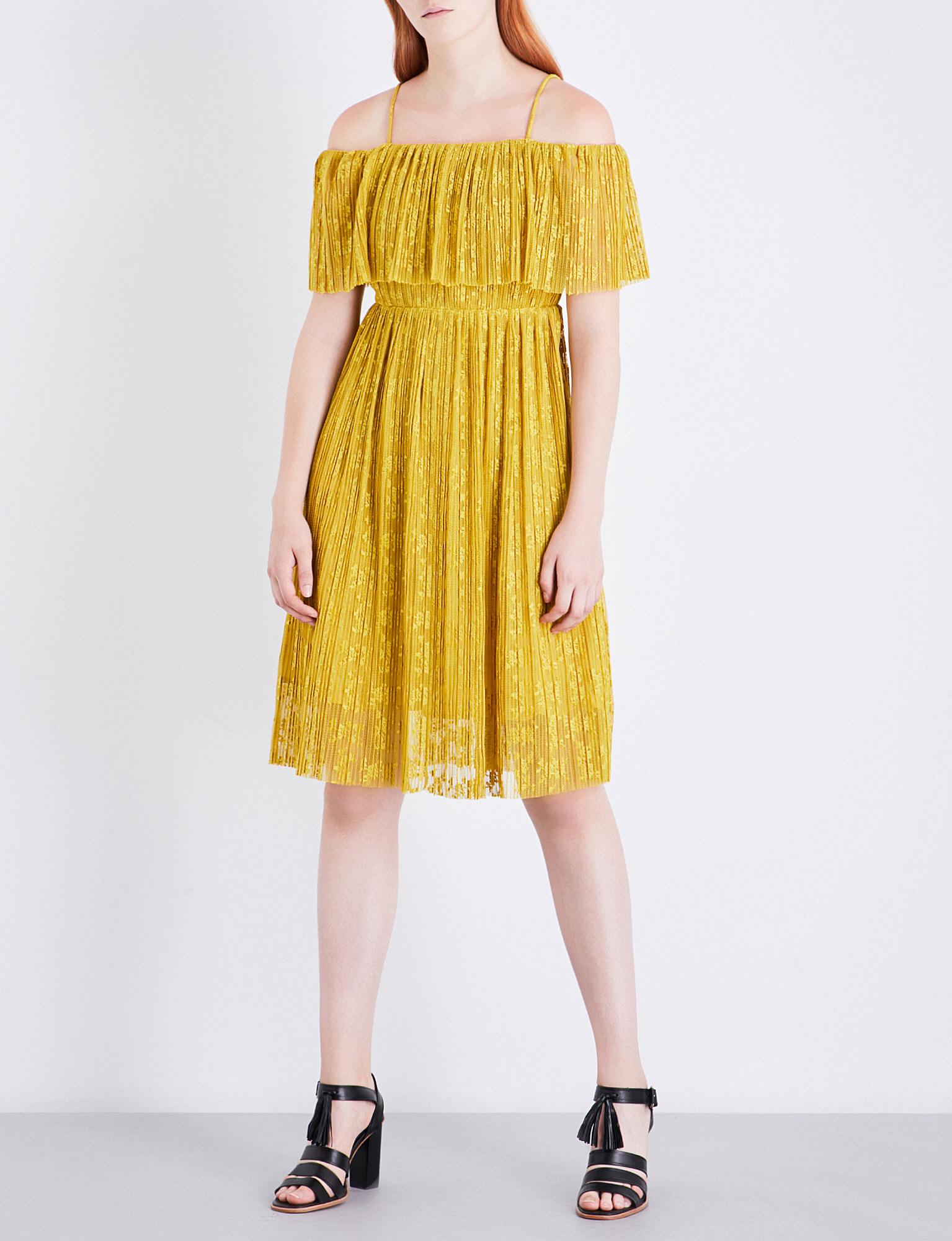 Whistles Lace Off Shoulder Pleated Dress in Yellow Lyst