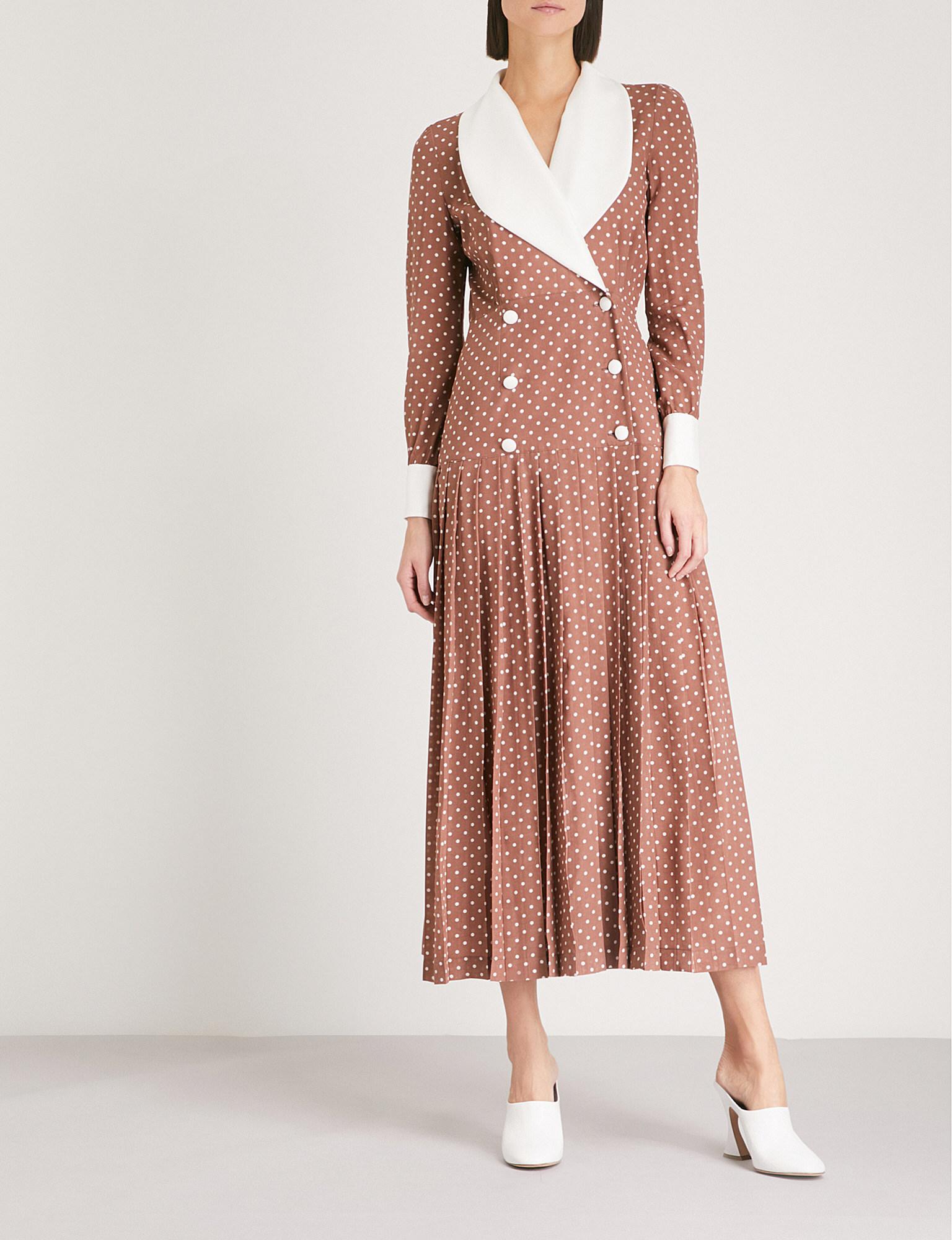 Alessandra Rich Polka Dot Silk-crepe De Chine Midi Dress in Brown | Lyst