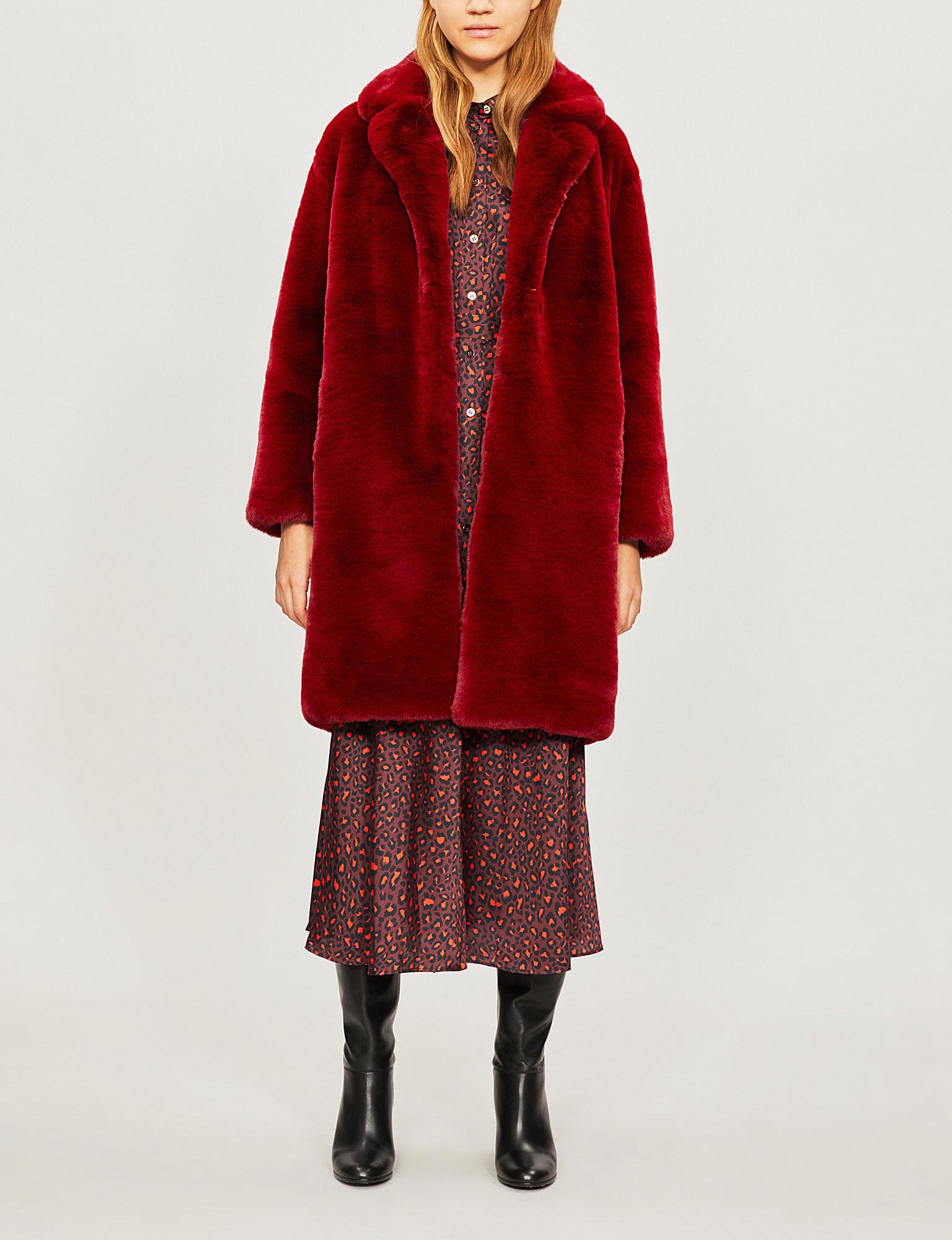 Sandro Oversized Faux-fur Coat in Bordeaux (Red) | Lyst