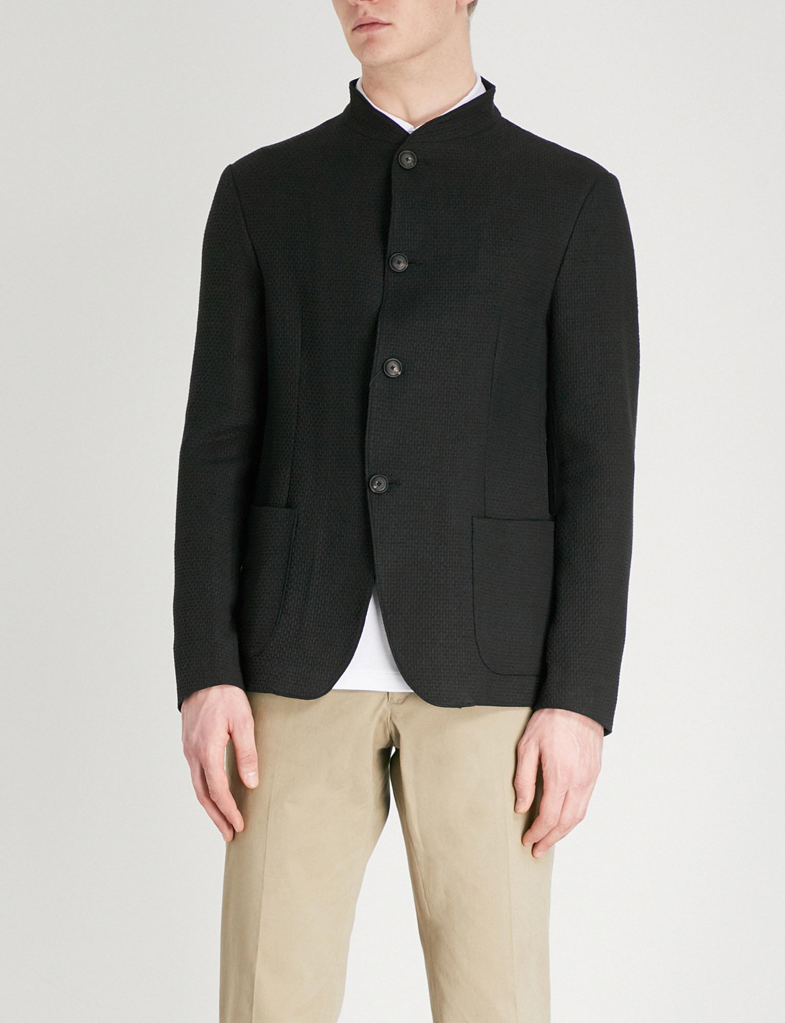 Emporio Armani Linen-blend Seersucker Nehru Jacket in Black for Men | Lyst