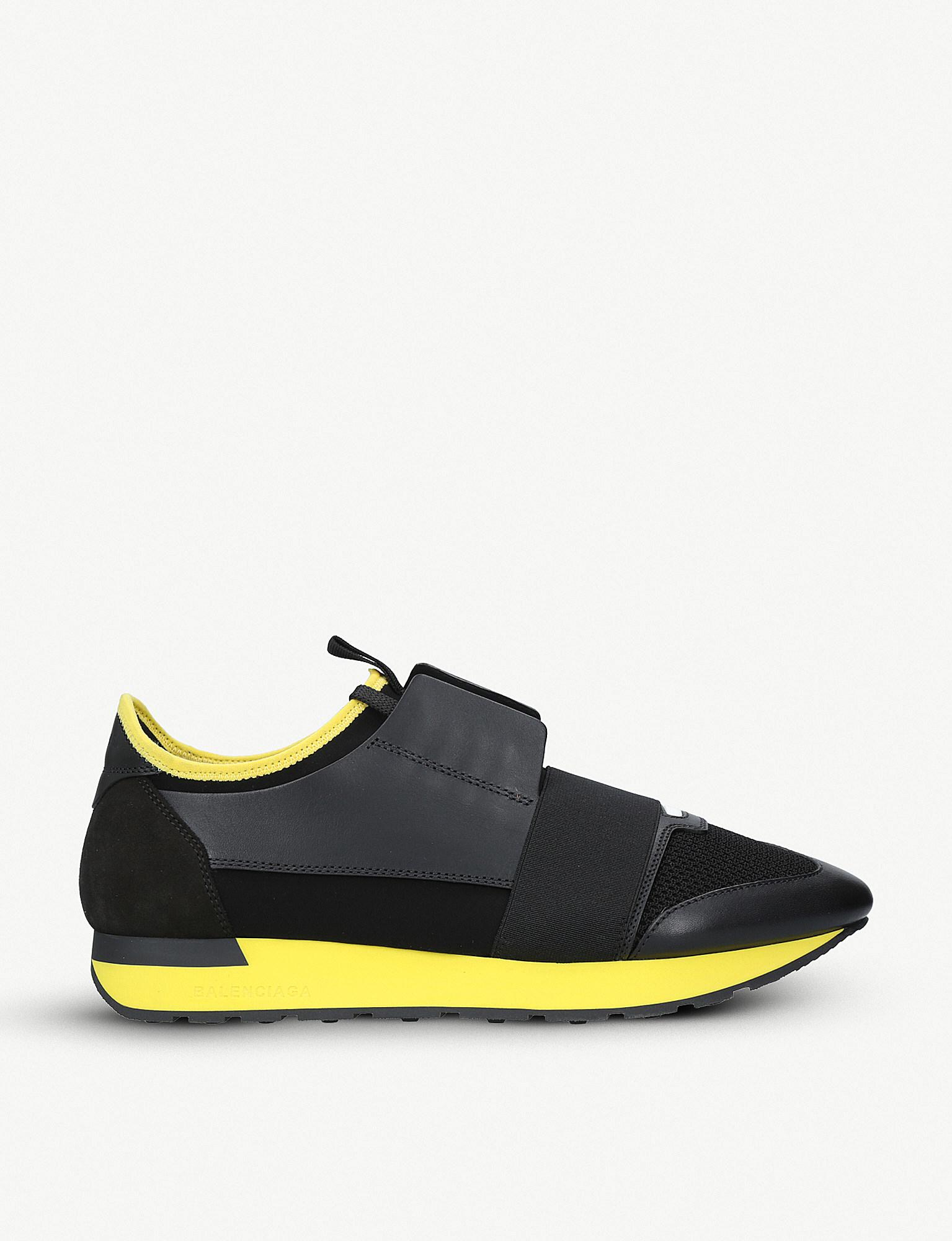 Balenciaga Mens Black And Yellow Striped Race Runners Leather And Suede ...