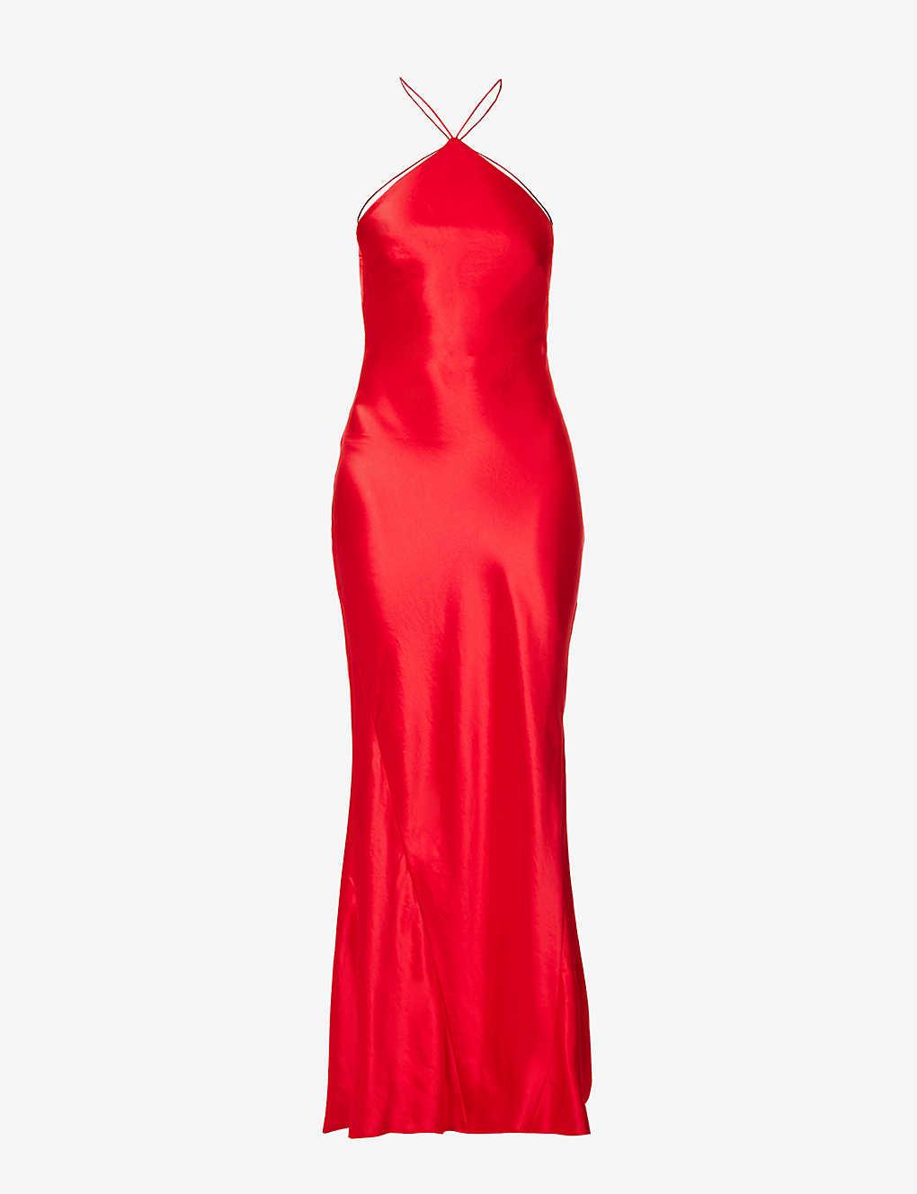 retroféte Justine Halterneck Satin Maxi Dress in Red | Lyst