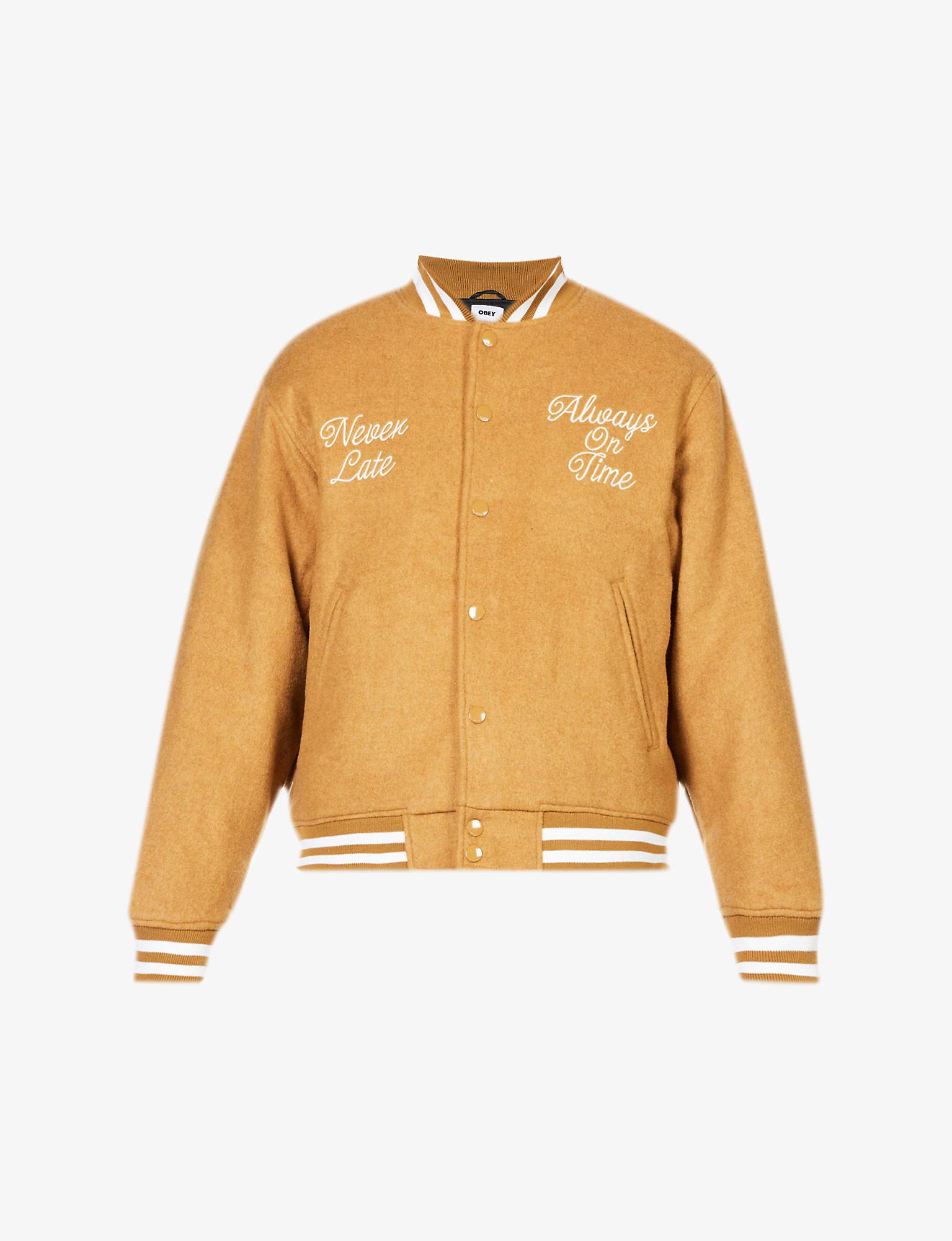 Obey Time Graphicapplique Woven Varsity Jacket in Natural for Men Lyst