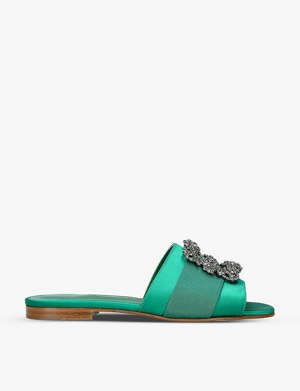 Manolo Blahnik Martamod Crystal-embellished Satin Flat Sandals in Green ...