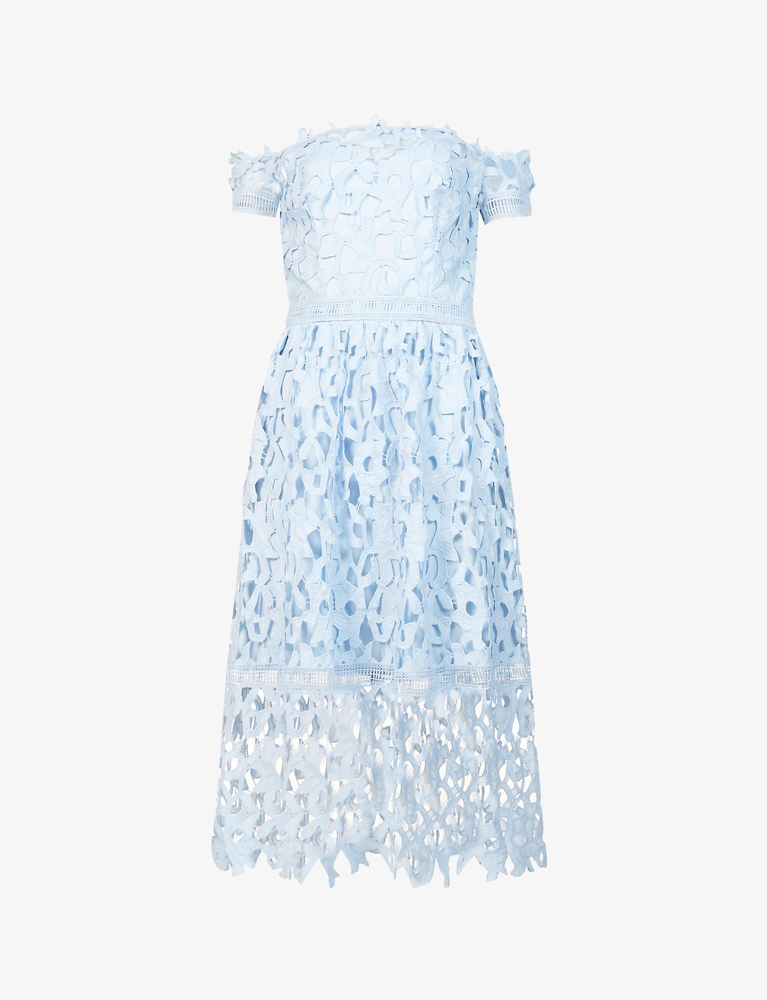 Chi Chi London Bardot Crocheted Woven Lace Midi Dress in Blue | Lyst