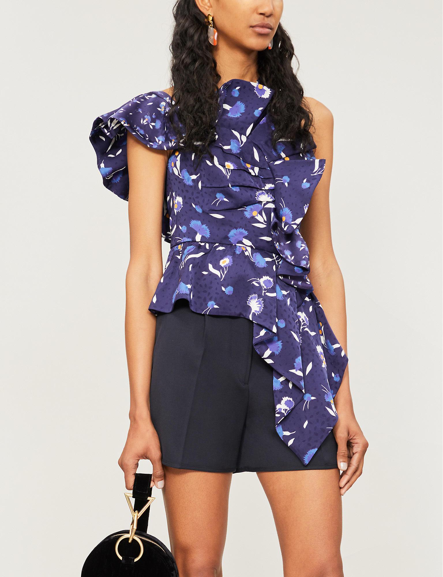 Self-Portrait One-shoulder Ruffled Floral-print Satin Top in Blue | Lyst