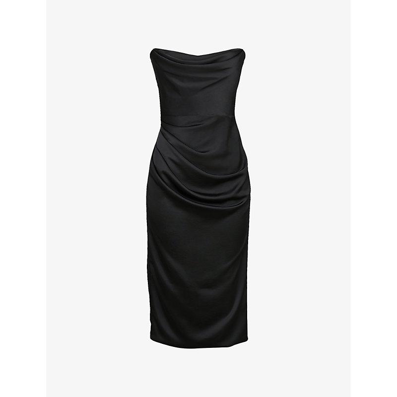 black strapless satin midi dress Women's Strapless Structured Bodice Satin Midi Dress, Black