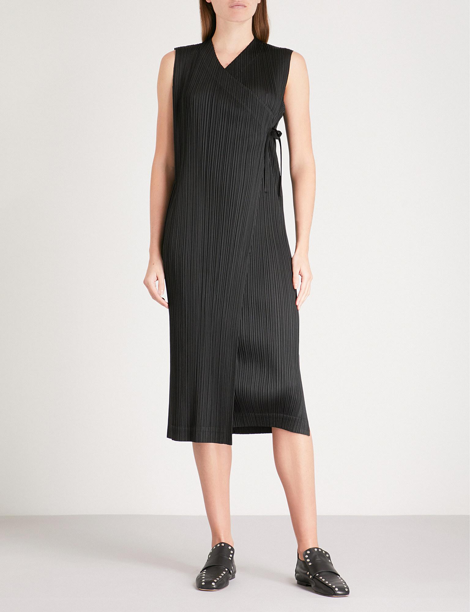 Pleats Please Issey Miyake Rapped Form Pleated Wrap Dress in Black