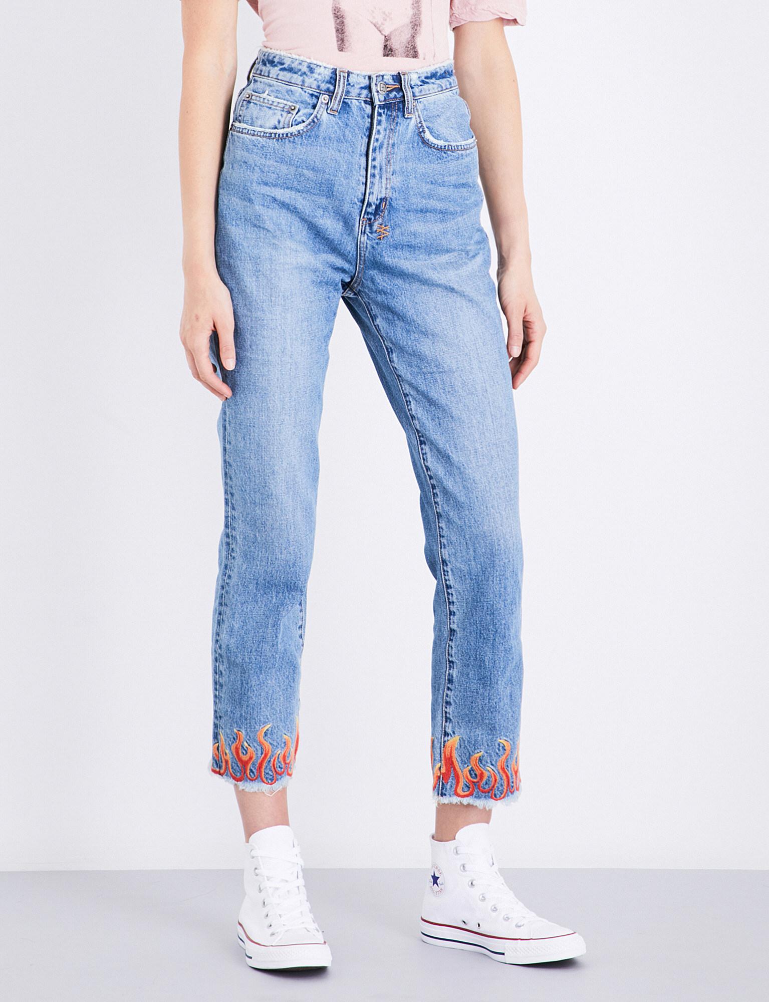 flame embroidered jeans