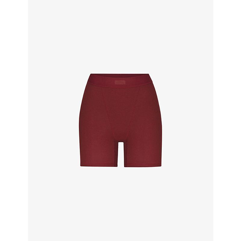 Skims Ribbed High-rise Stretch-cotton Boxer Shorts in Red