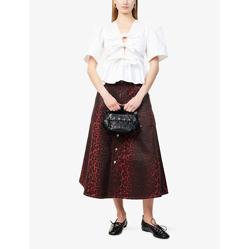 Ganni Foil Leopard-Print Denim Midi Skirt in Red Lyst UK