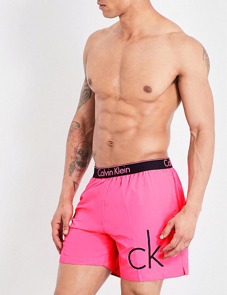 Calvin Klein Synthetic Neon Logo Swim Shorts in Pink for Men | Lyst
