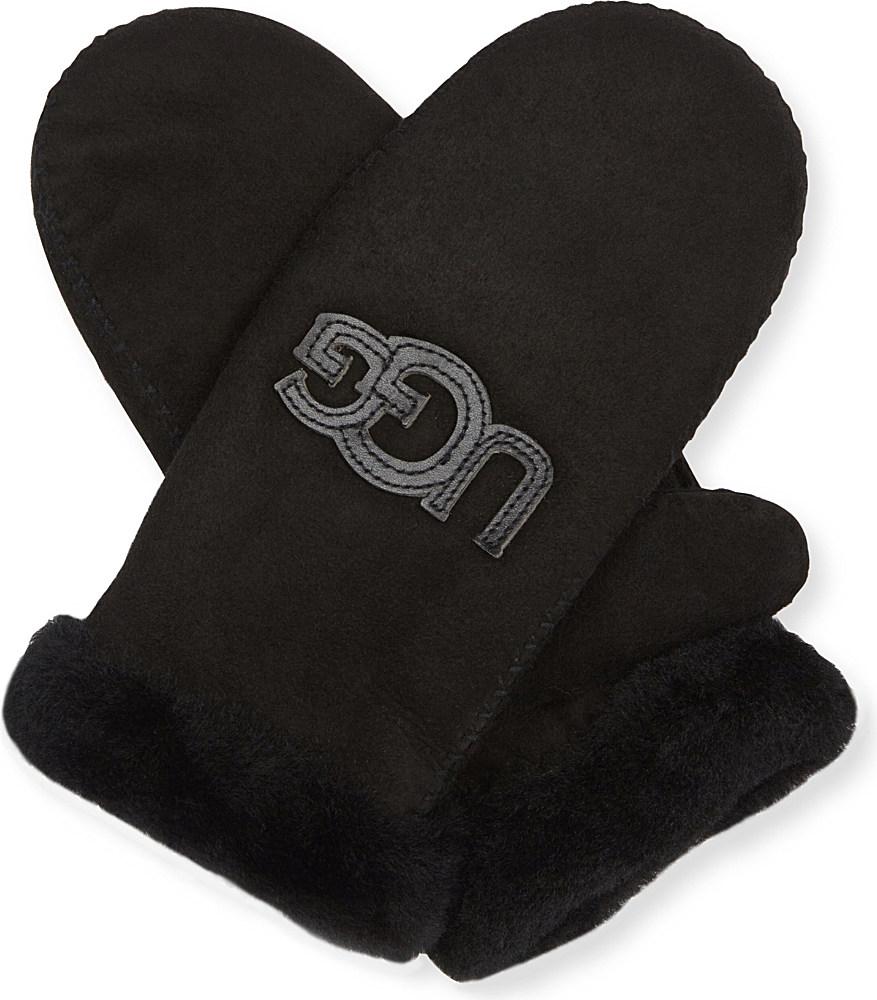 UGG Heritage Logo Sheepskin Mittens in Black Lyst
