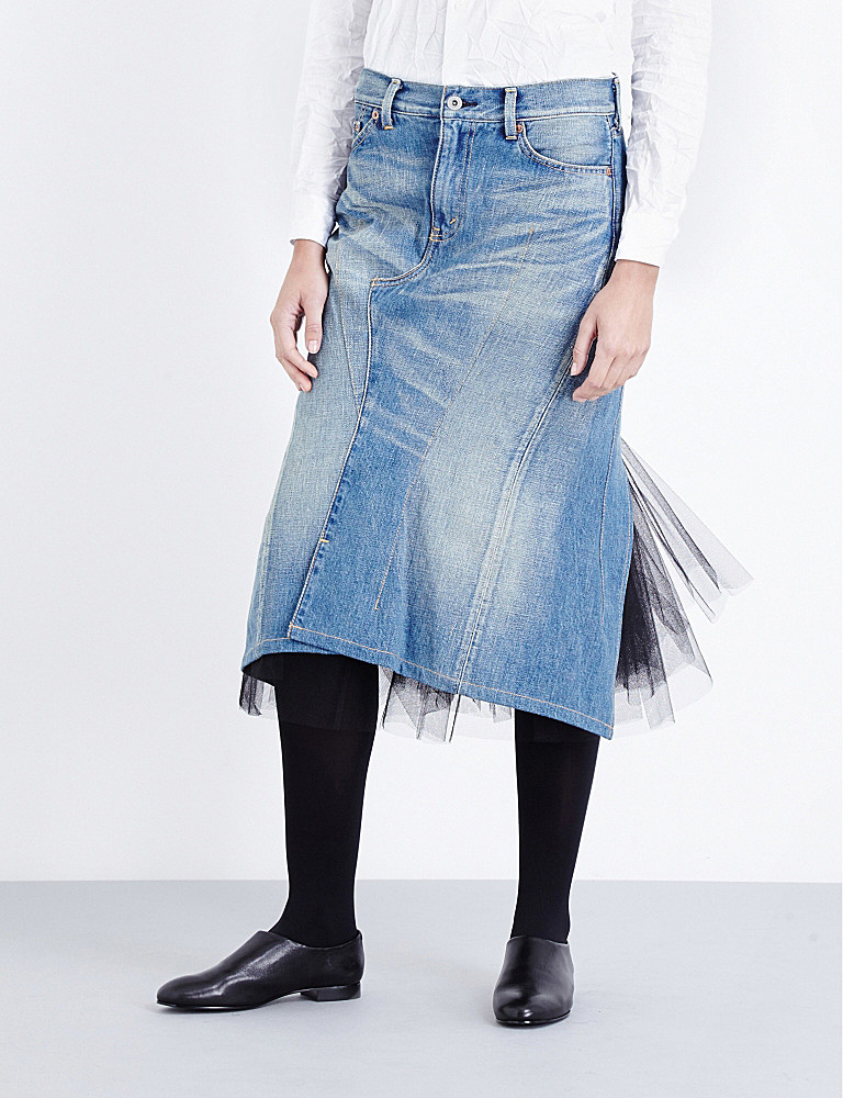 Junya Watanabe Tulle-detail Denim Skirt 