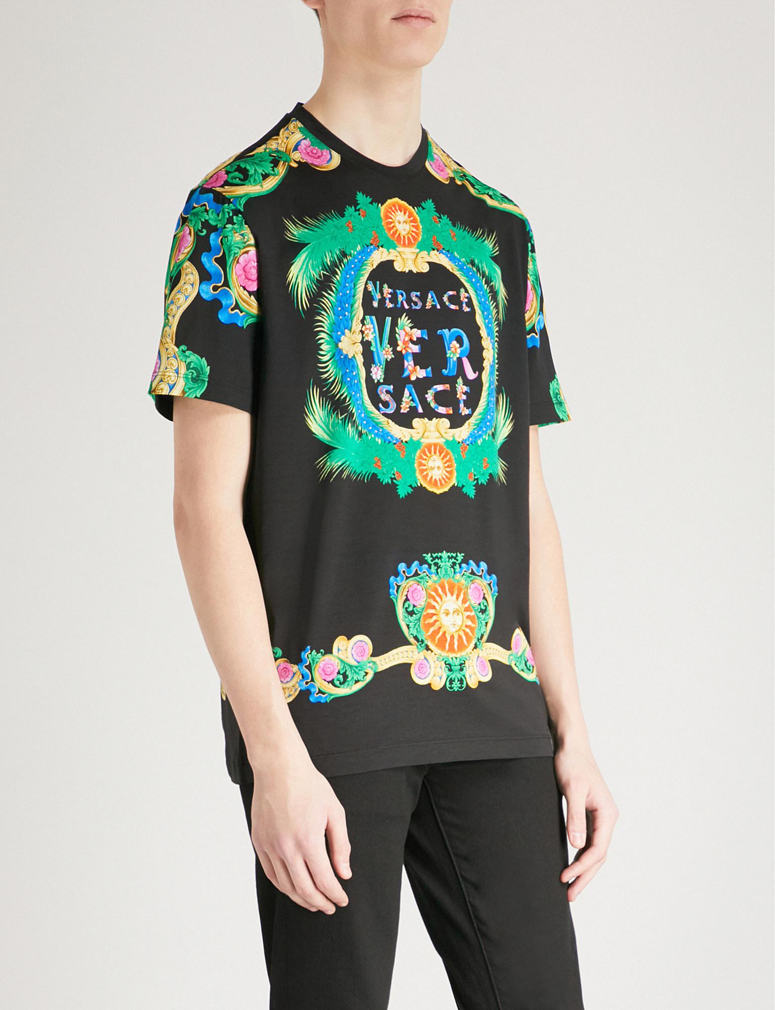 Versace Beverly Palm Printed Cotton-jersey T-shirt in Black for Men | Lyst