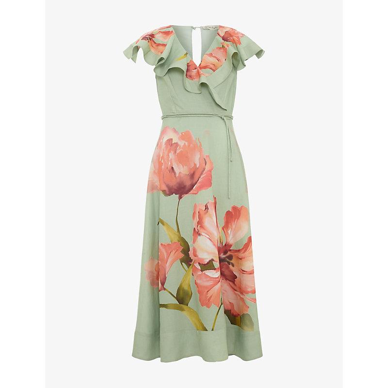 phase eight green floral dress Matilda Floral-Print Linen-Blend Midi in Fabric_Metallic