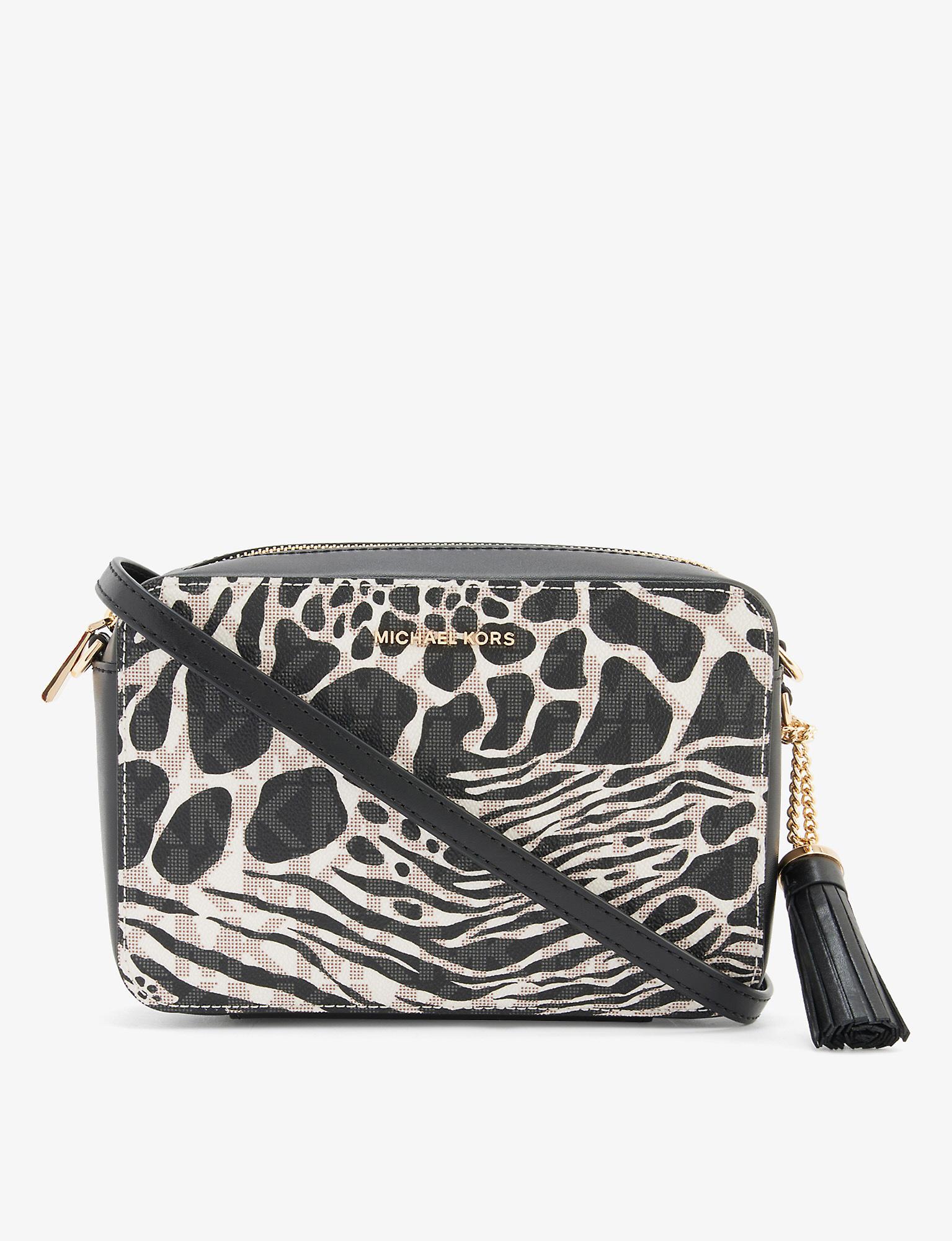 MICHAEL Michael Kors Jet Set Monogram Animal-print Faux-leather Cross-body  Bag in Black