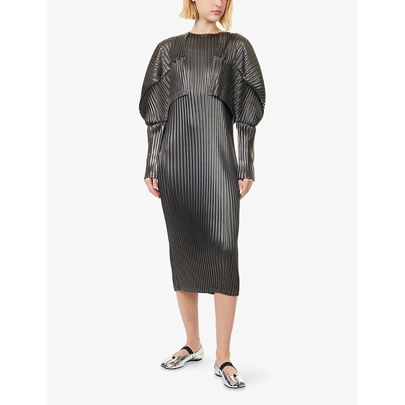 ISSEY MIYAKE GLOSSED L PLEATSトップス Issey Miyake Glossed Metal Pleats Long-Sleeves Knitted Top in