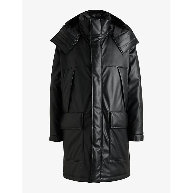 HUGO Embossed-Logo Longline Faux Leather-Down Jacket in Black for