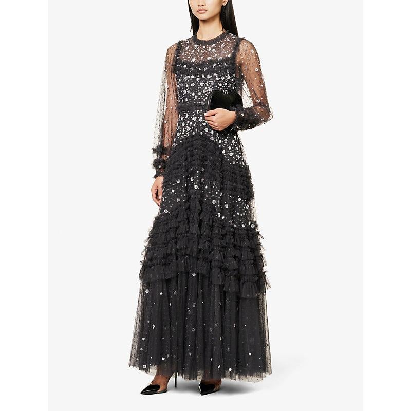 Needle fashion & thread embroidered lace maxi gown with high neck in graphite