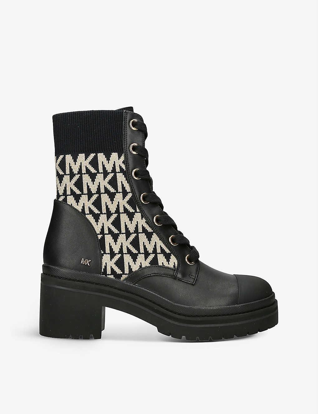 MICHAEL Michael Kors Brea Leather And Logo Jacquard Combat Boots in