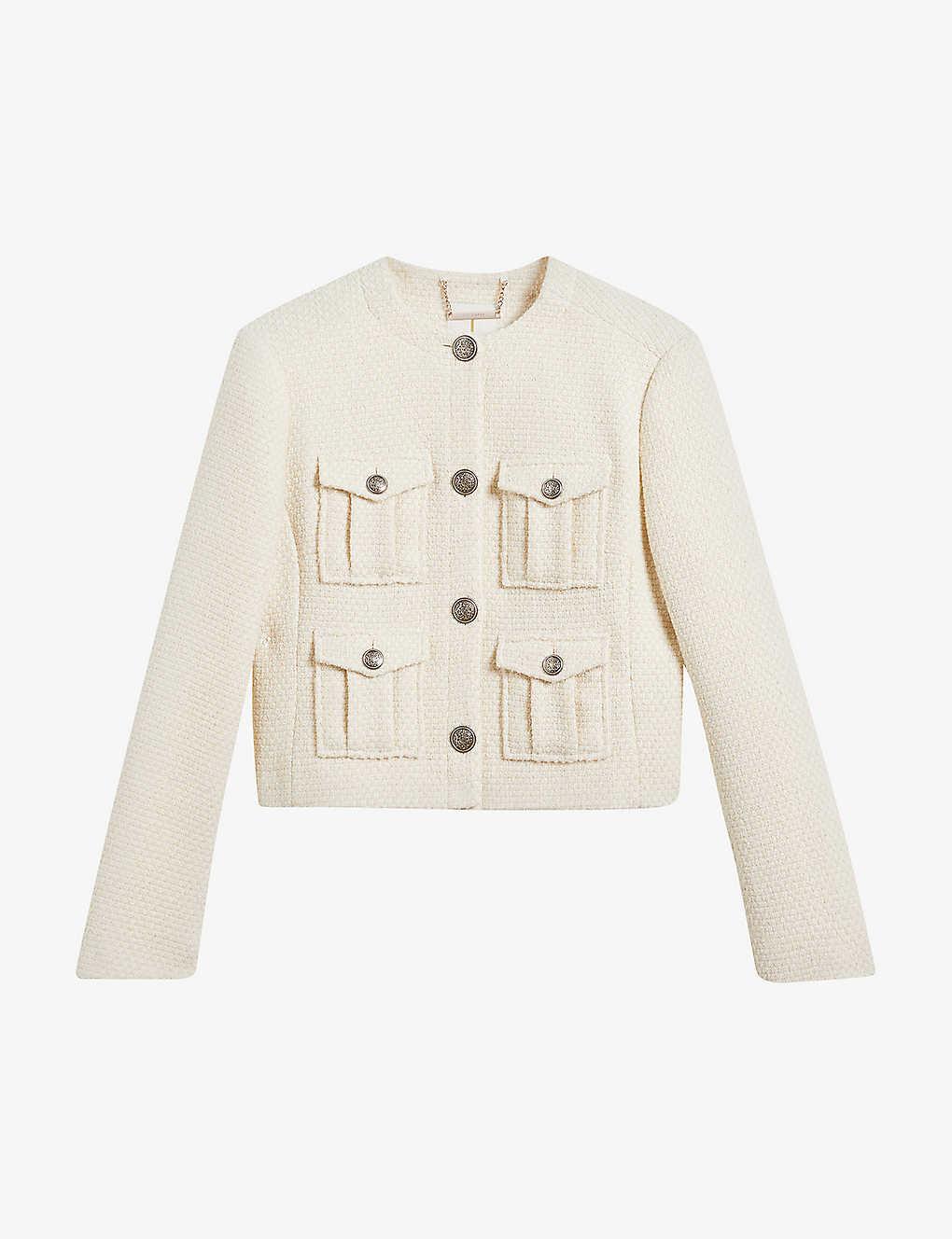 Ted Baker Cremla Boucle-pattern Woven Cropped Jacket in White | Lyst