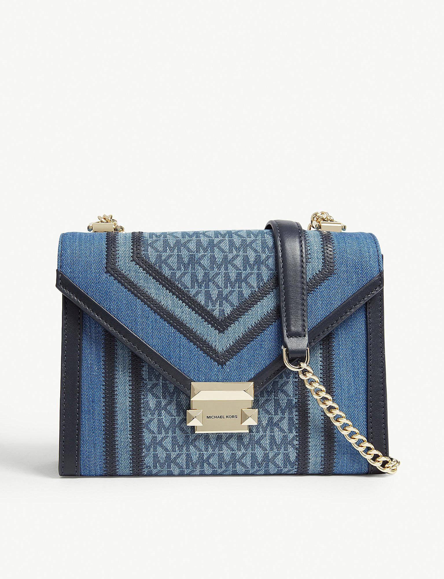 whitney large denim logo and leather tote