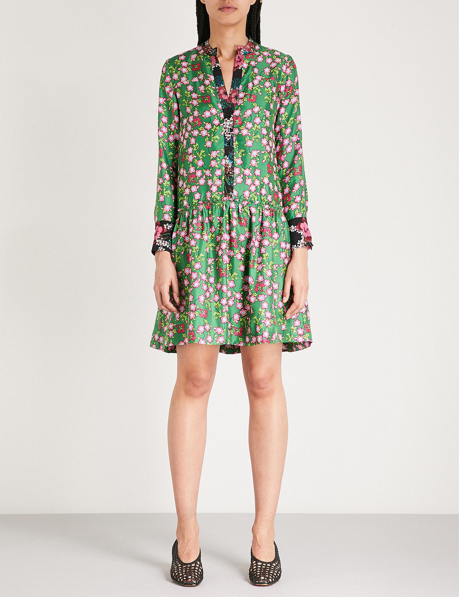 Sandro Floral-print Silk-twill Dress in Green | Lyst UK