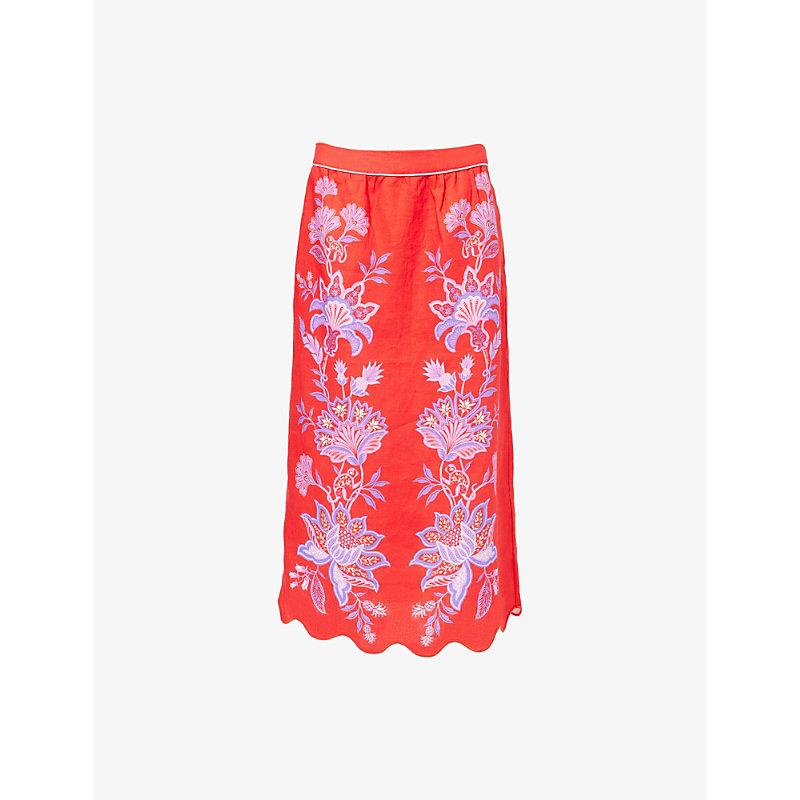 FARM Rio Porcelain Garden Scalloped Linen Midi Skirt in Red | Lyst