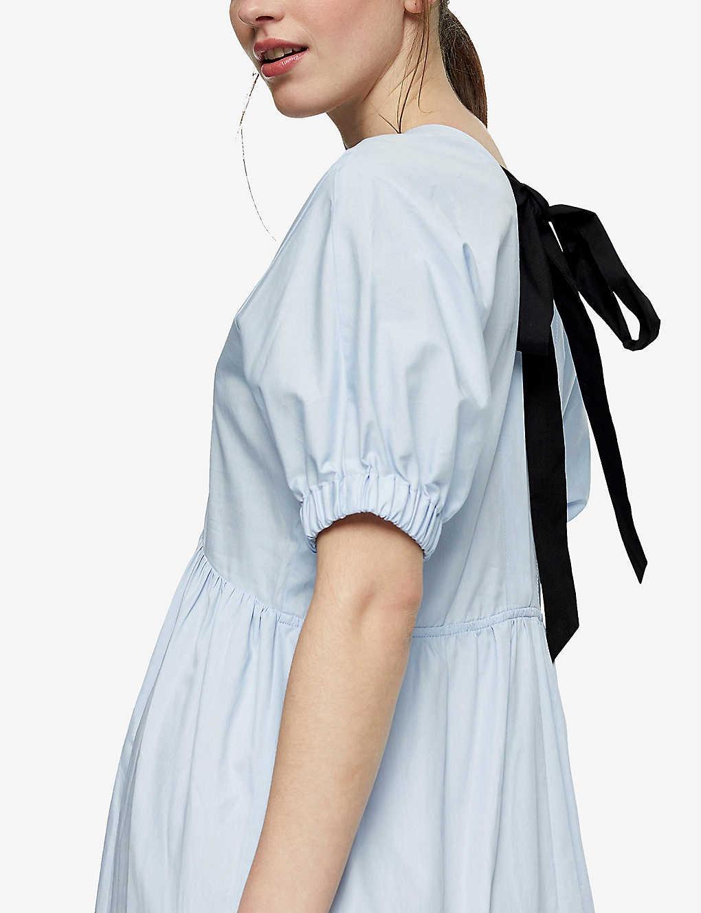 TOPSHOP Blue Bow Back Poplin Midi Chuck On Dress | Lyst