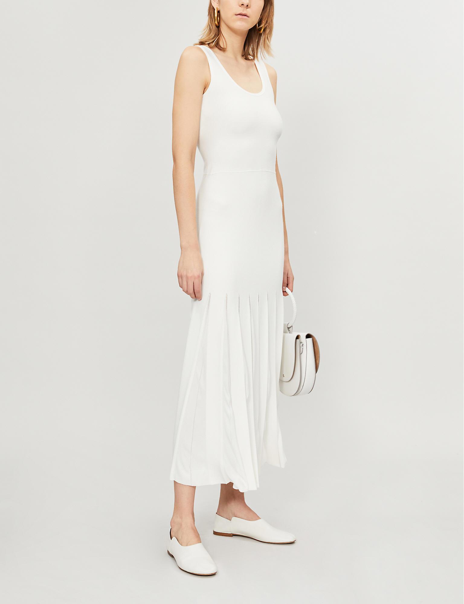 Theory Leather Pleated Stretchknit Midi Dress in Eggshell/Ivory (White