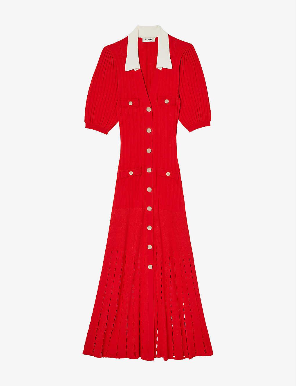Sandro Collared Crochet Stretchknit Midi Dress Lyst