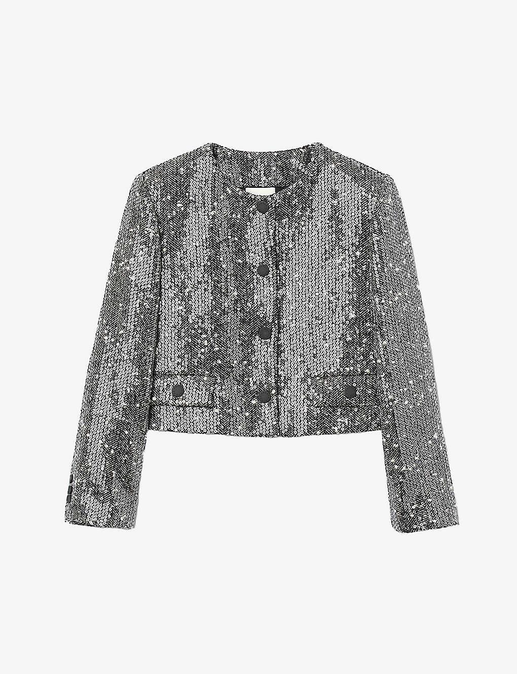 Sandro Sequin embellished Round neck Woven Blazer in Grey Lyst UK