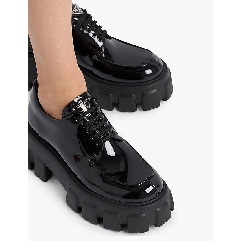 Prada Monolith Lace-Up Patent-Leather Loafers in Black Lyst