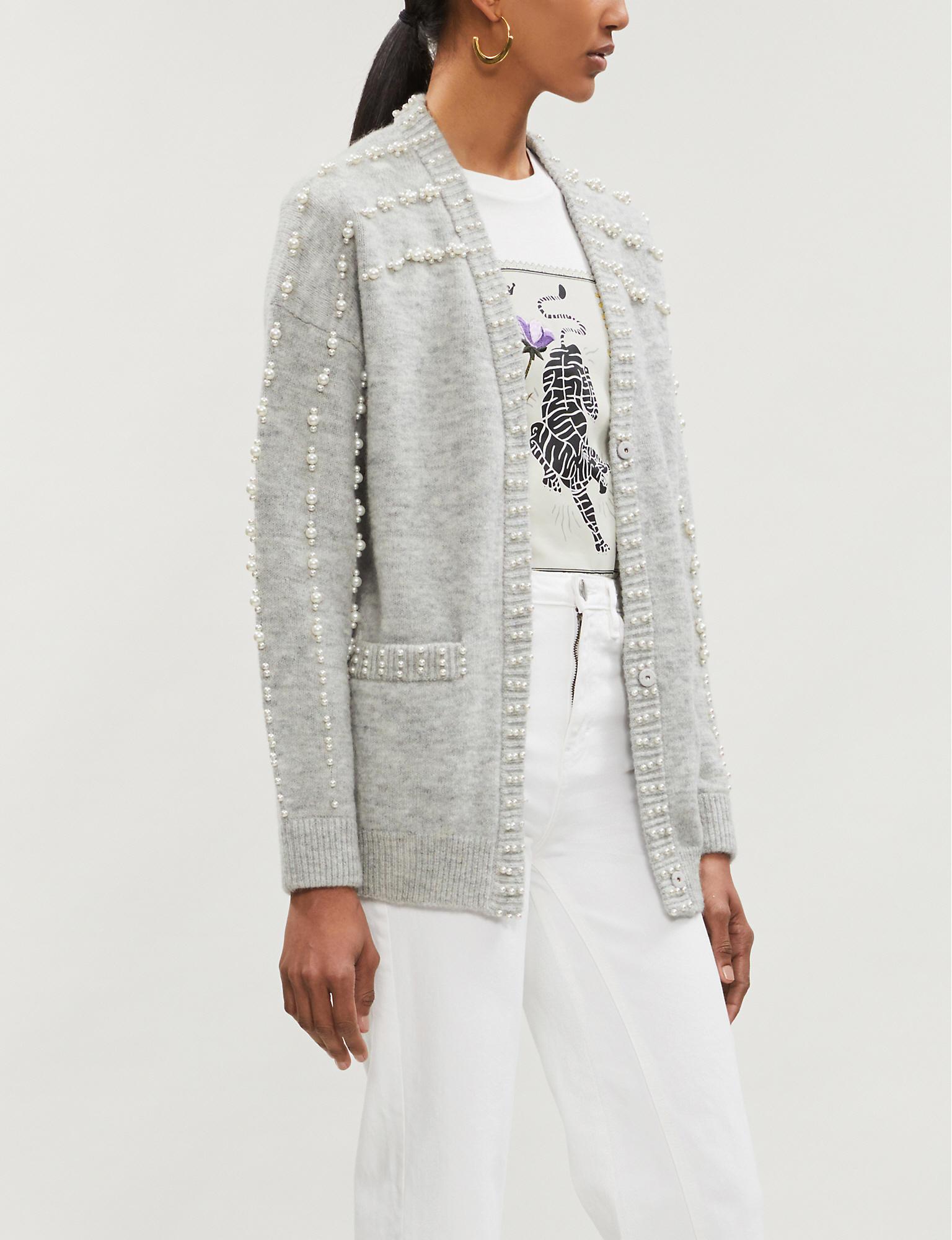 Maje Pearl-embellished Knitted Cardigan in Grey
