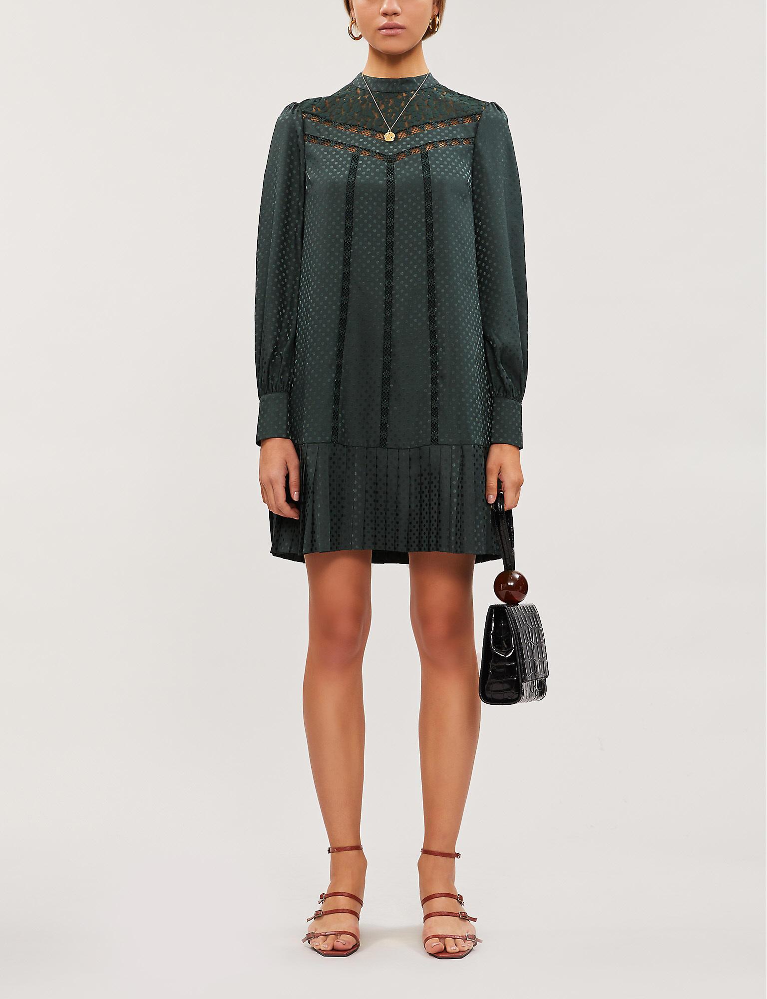 Ted Baker Chllo Lace-panel Satin-crepe Mini Dress in dk-Green (Green) - Lyst