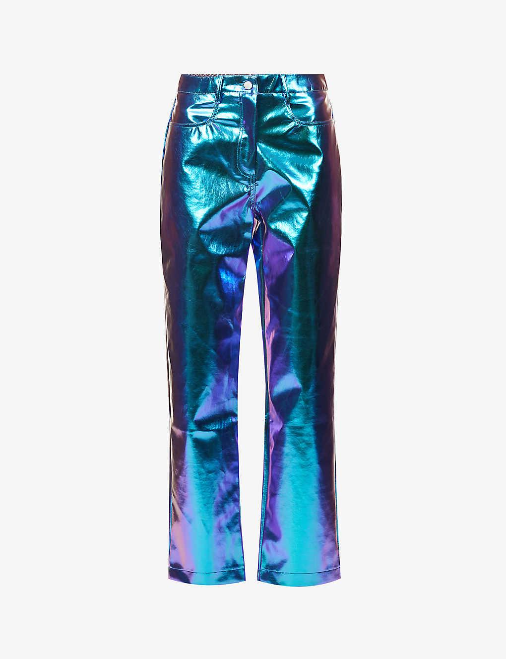 Amy Lynn Metallic Wide-leg High-rise Faux-leather Trousers in Blue | Lyst