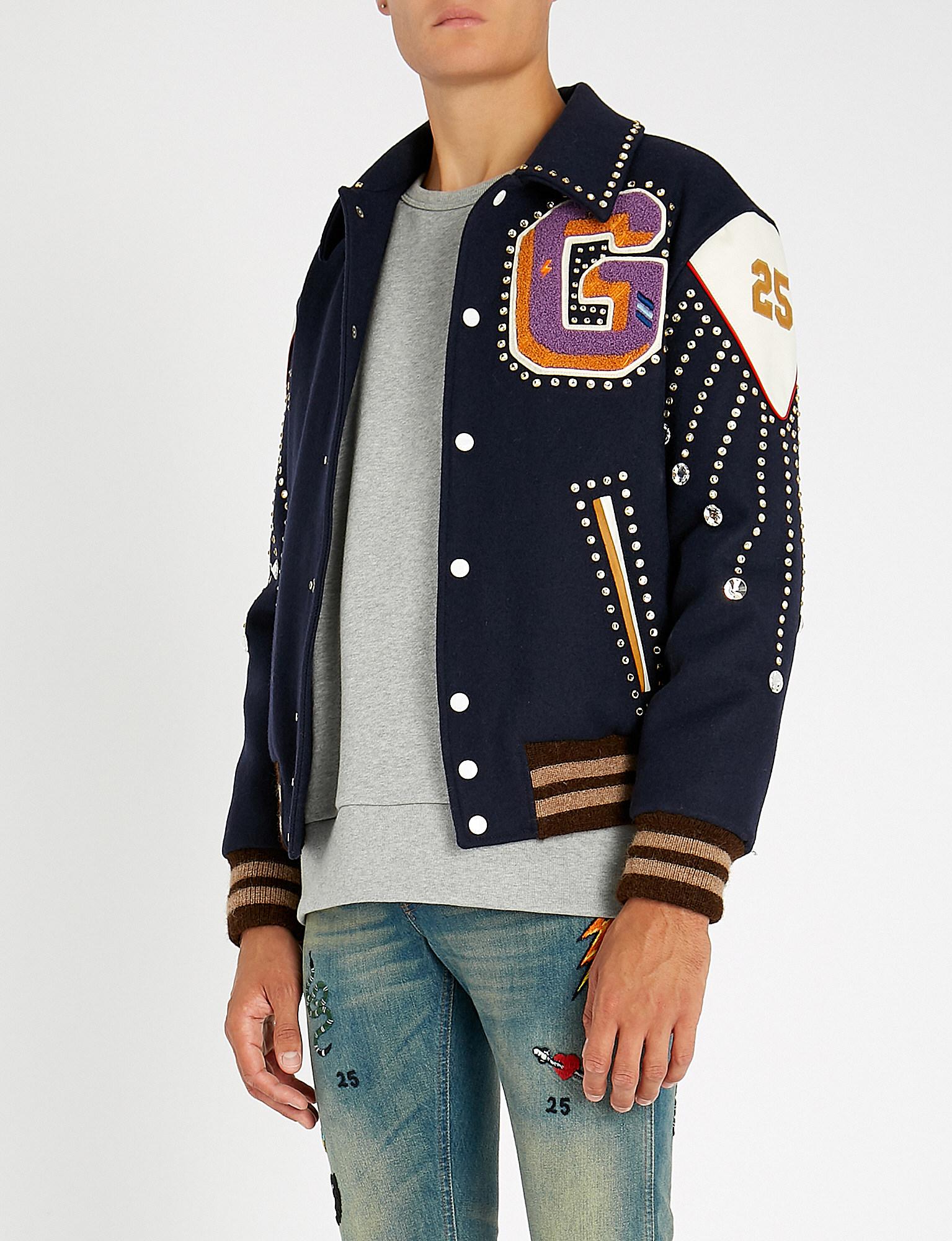 Gucci Appliquéd Wool Varsity Jacket in Blue for Men | Lyst