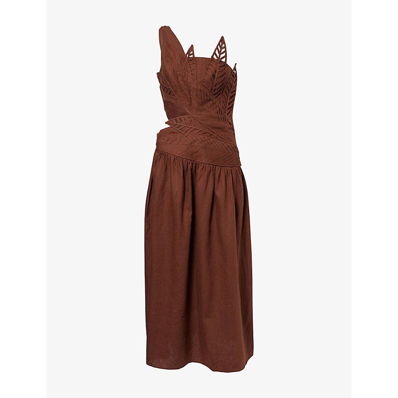 FARM Rio Leaves Cut-Out Linen-Blend Midi Dress in Brown