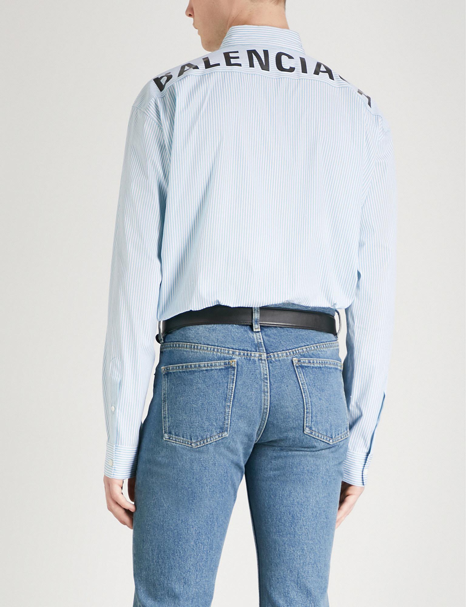 Balenciaga Logo-print Striped Oversized Cotton-poplin Shirt in Blue for