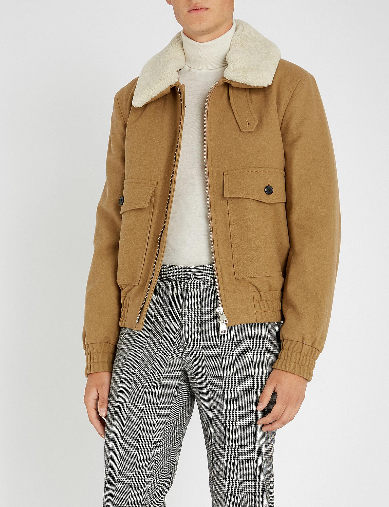 AMI Shearling Collar Wool-blend Jacket in Natural for Men - Lyst