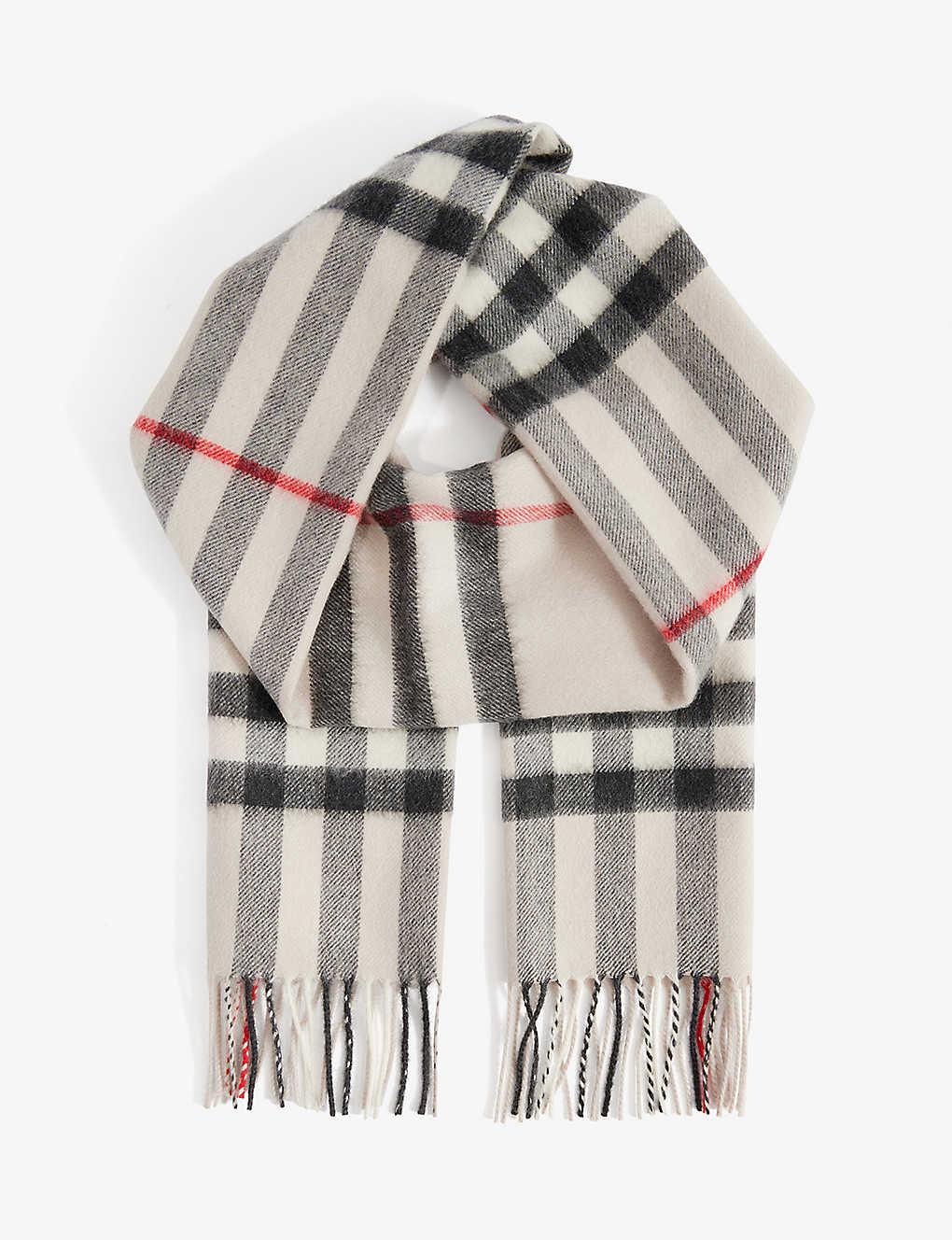 Burberry Giant Check Fringed Cashmere Scarf in White | Lyst