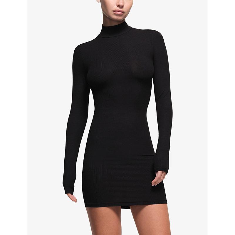 dyer sheer sleeve mini dress black Helmut Lang Turtleneck Long-Sleeve Paneled Leather Dress, Brown, Women's, 6