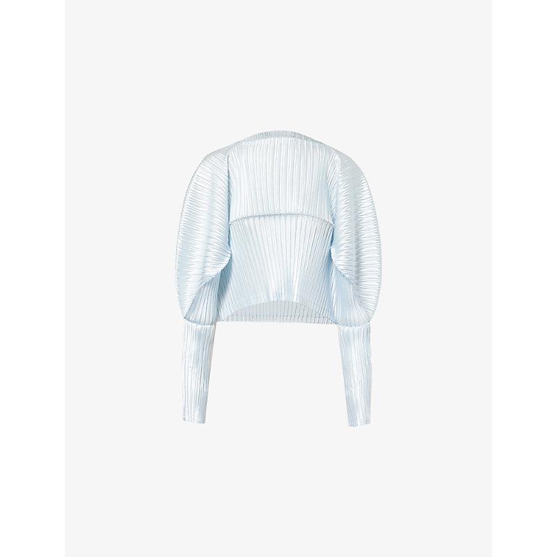 Issey Miyake Glossed Metal Pleats Long-Sleeves Knitted Top in Blue