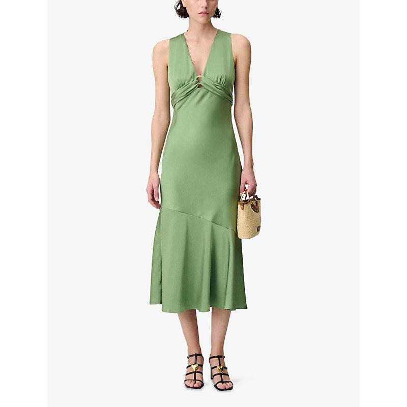 Claudie Pierlot Stripe-Print Lace-Trim Ramie Maxi Dress in Green | Lyst UK