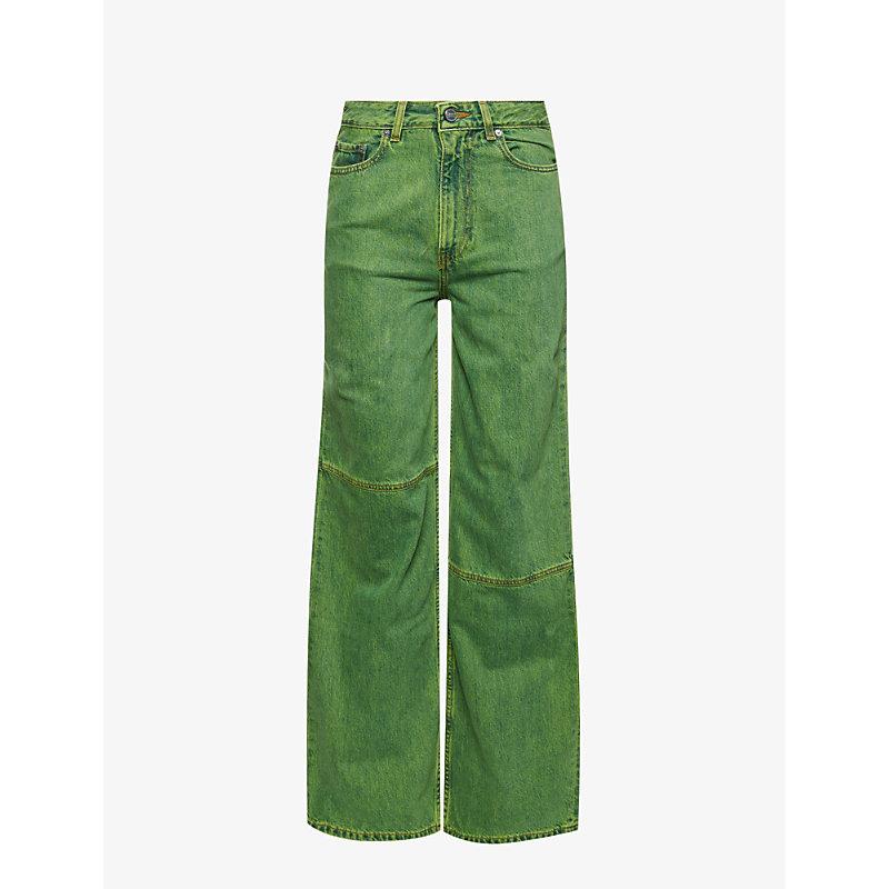 Ganni Overdyed Contrast-stitch Flared High-rise Organic Denim Jeans in ...